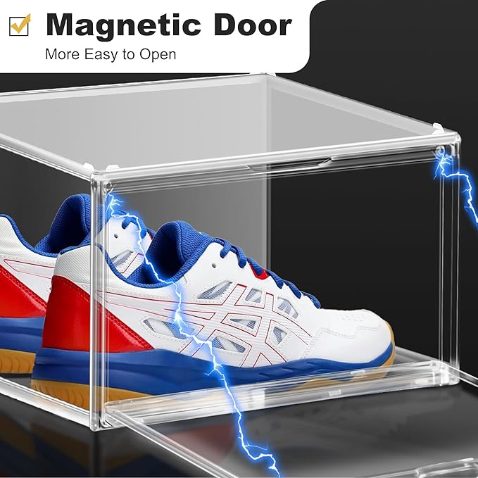 14 Pack Plastic Shoe Boxes Fit US Size 13, Clear Stackable Shoe Display Case with Magnetic Acrylic Door Shoe Containers for Sneaker Storage, Hats, Figure, Collectible