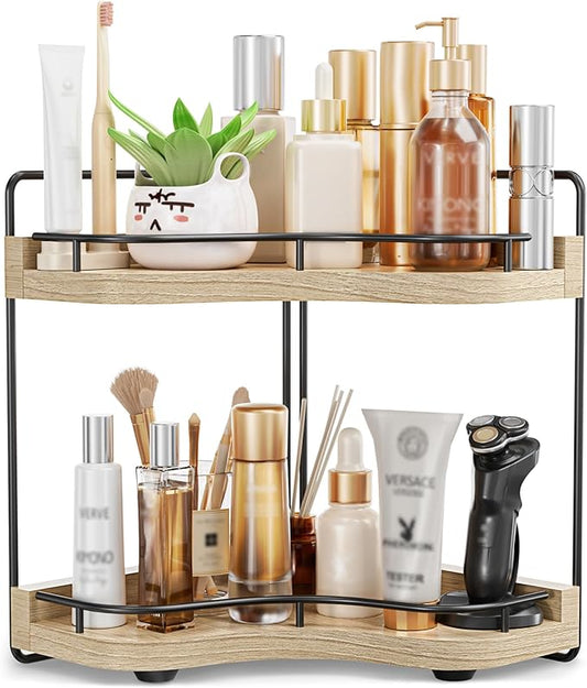 2-Tier Corner Bathroom Counter Organizer with Embedded Screw Holes, Secure & Stable Wood Vanity Shelf for Makeup and Skincare Essentials - Space Saving Bathroom Countertop Storage, ‎‎Light Walnut