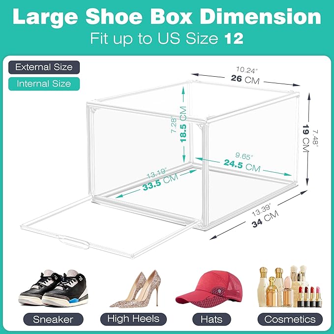 1 Pack Drop-Front Clear Shoe Storage Box Acrylic Box Shoe Organizer Size 12, Stackable Shoe Cases with Magnetic Door Storage Cubbies for Sneaker Containers Boot Display & Closet Organization