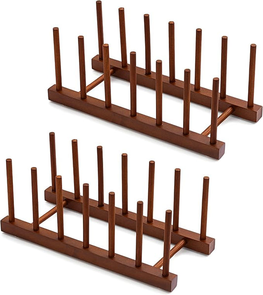 HBlife 2pcs 6 Slots Teak Dish Plate Bowl Cup Book Pot Lid Cutting Board Drying Rack Stand Drainer Storage Holder Organizer Kitchen Cabinet（Keep Dry）