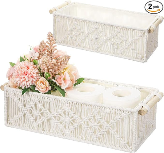 Macrame Storage Baskets Boho Decor Gift Box Woven Toilet Paper Basket with Wood Handles Home Decorative Baskets for Organizing on Shelf Cabinet Countertop Livingroom - Set of 2