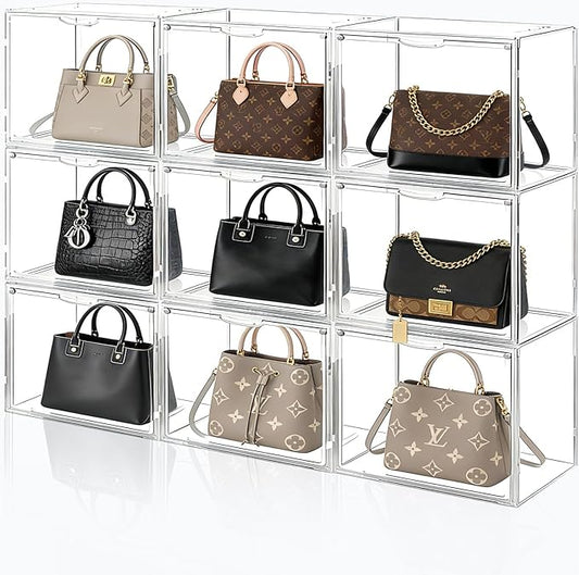 3 Pack Clear Acrylic Purse Organizer for Closet, Stackable Handbag Storage Boxes with Magnetic Doors, Dustproof Display Cases for Bags, Shoes & Collectibles