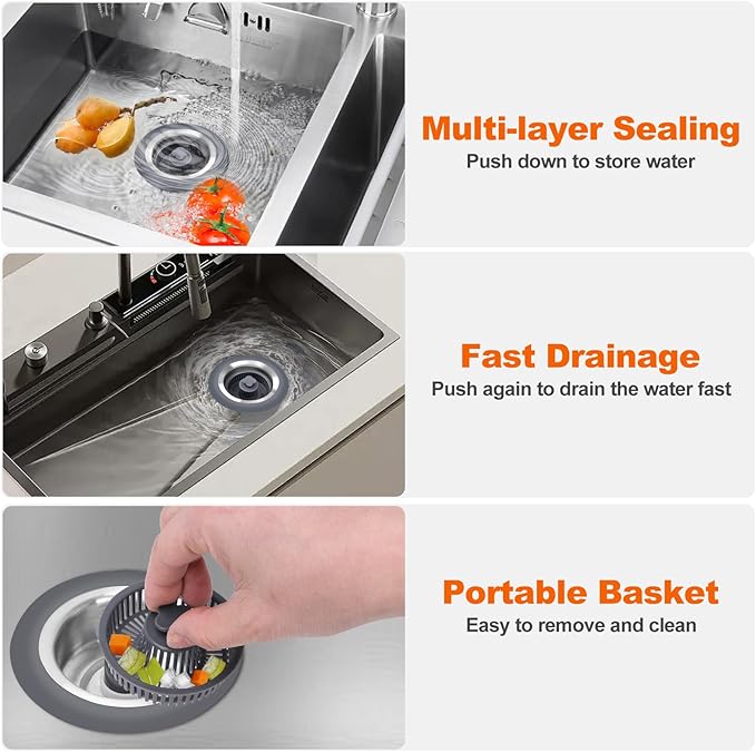 3 in 1 Kitchen Sink Stopper with Strainer Basket, Stainless Steel Anti-Clogging Drain Plug for US Standard 3-1/2" Sink