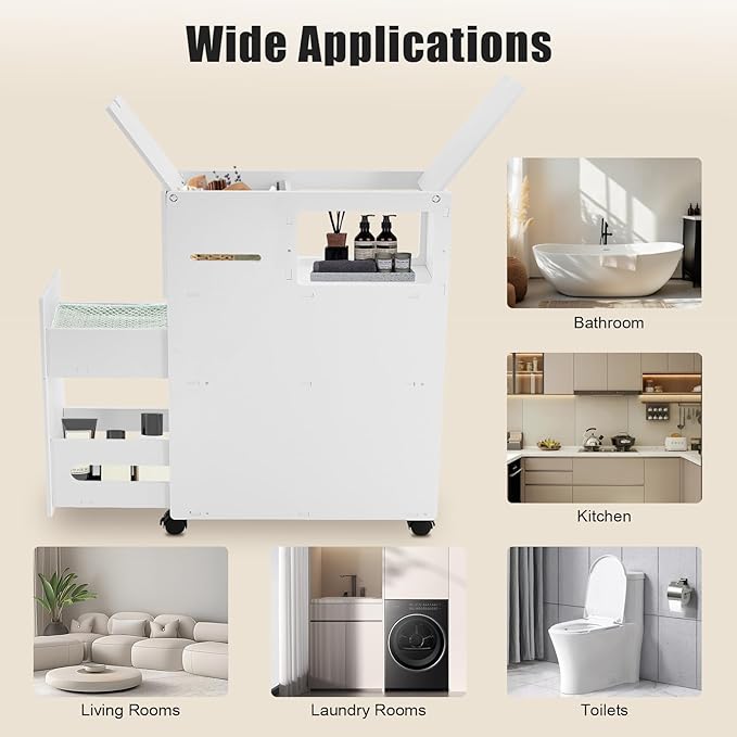 Slim Mobile Bathroom Cabinet with Wheels & Brakes, Slim Storage Organizer with Slide-Out Drawers, Large Capacity Narrow Cabinet for Toilet, Bathroom, Laundry Room
