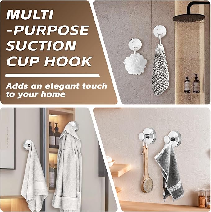 Reusable Heavy Duty Suction Cup Hooks for Kitchen/Bathroom/Shower - Wet-Proof Hooks for Towels, Robes, Loofah&Wreaths/No Drill Mounting on Glass, Tile, Metal (2, Polished Chrome)