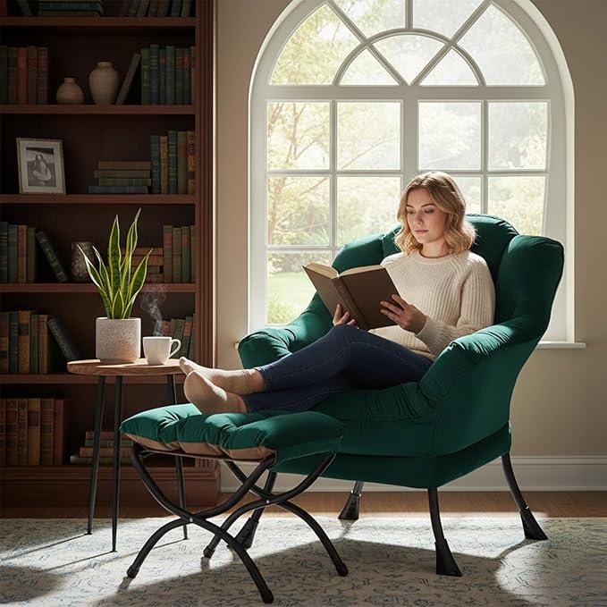Welnow Lazy Chair with Ottoman, Modern Lounge Accent Chair with Armrests and a Side Pocket, Leisure Sofa Armchair, Reading Armchair with Footrest for Small Space, Dark Green