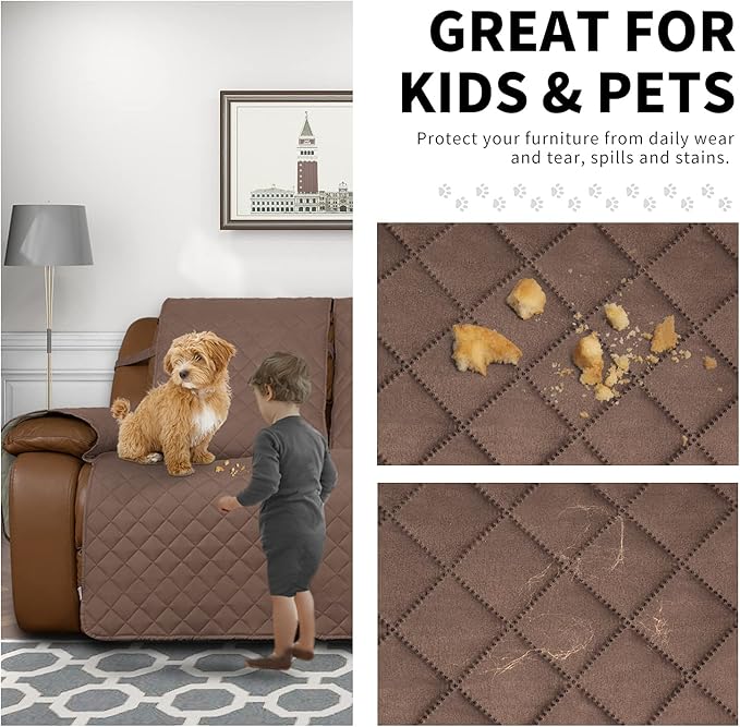 Easy-Going Recliner Sofa Cover, Reversible Couch Cover for 3 Seat Recliner, Split Sofa Cover for Each Seat, Furniture Protector with Elastic Straps for Kids, Dogs, Pets(3 Seater, Brown/Beige)