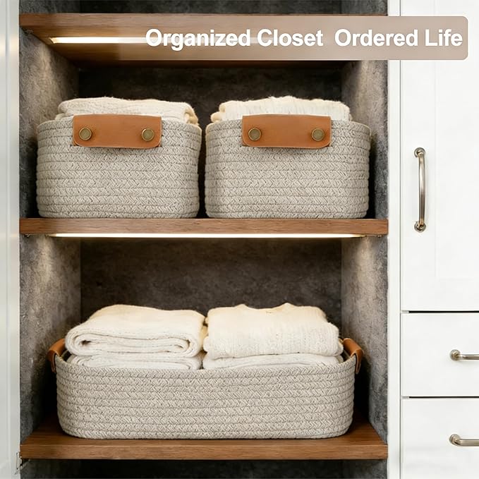 SVNR Brown Storage Baskets Set of 5, Woven Rope Shelf Bins for Organizing - Durable Cube Organizers for Closet, Nursery, Bedroom, Toy Storage with Handles, Modern Home Decor