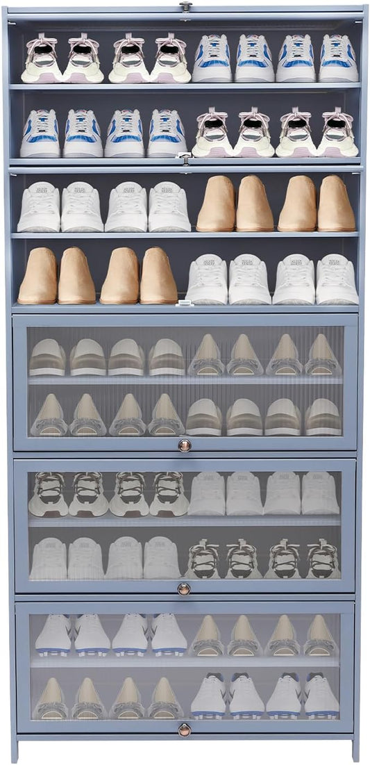 Bamboo Shoe Cabinet with Flip Doors, 10 Tiers Large Entryway Shoe Storage Cabinet, Tall Wooden Rack for Closet Bedroom (Grayish Blue)