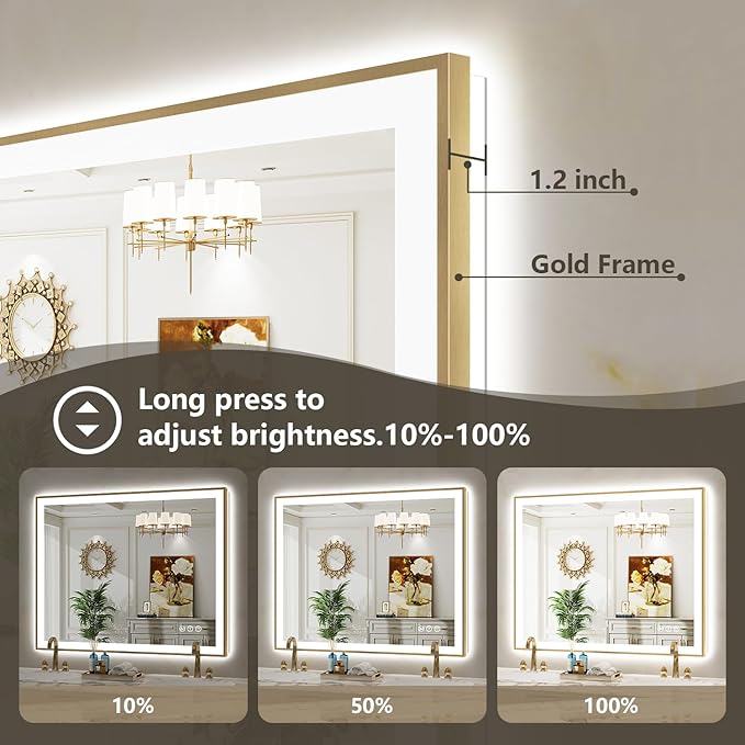 44x30 Inch LED Bathroom Mirror with Lights (Front Lit and Backlit) Gold Framed Lighted Vanity Mirror for Bathroom Wall Dimmable Anti-Fog Memory Tempered Glass Horizontal/Vertical