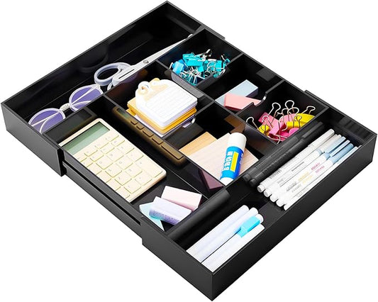 1 Pcs Acrylic Desk Drawer Organizer 2 Inch Height Expandable Drawer Organizer Trays with 8 Adjustable Compartments Desk Accessories for Makeup Silverware Office Bathroom(Black)