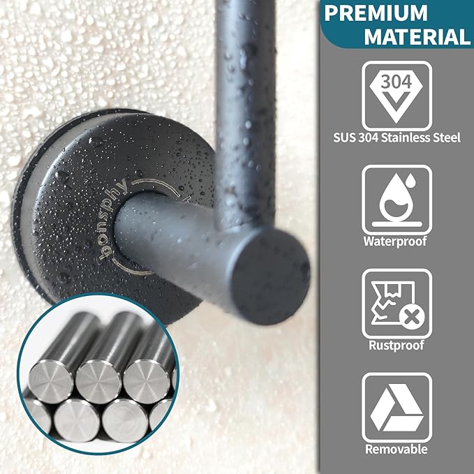 Bathroom Towel Holder | Toilet Paper Holder Wall Mount, 2-in-1, Adhesive Suction, Reusable - Towel Hanger | Black Toilet Paper Holder for Bathroom, Kitchen, RV - Install Easily, Instantly Use, 2 Pack
