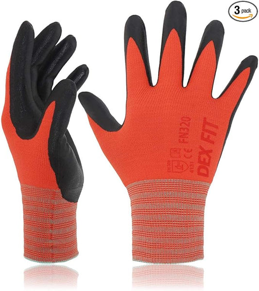 DEX FIT Premium Nylon Work Gloves FN320 - Firm Nitrile Grip, 3D-Comfort Stretchy Fit, Thin & Lightweight, Protective & Durable, Breathable, Machine Washable; Red 9 (L) 3 Pairs
