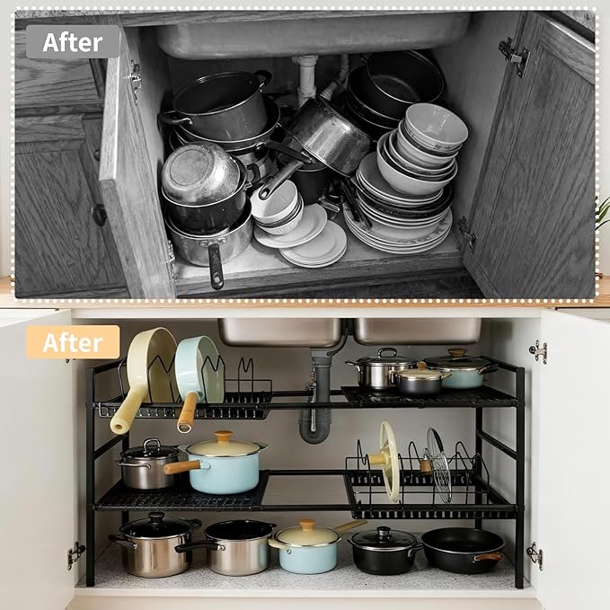 Pots and Pans Organizer Under Cabinet, Expandable Length, Adjustable Height Under Sink Shelf 2 Tier with 10 Dividers Under Sink Organizer, Pot and Pan Lid Holder Rack (Black)
