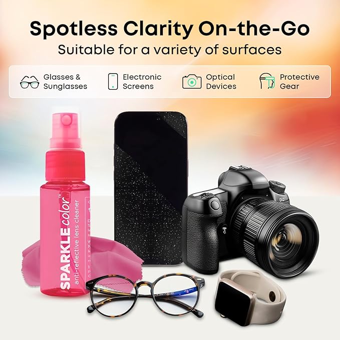 Sparkle Anti-Reflective Safe Lens Cleaner Spray Kit - (2) 1oz Glasses Cleaner Bottle & (2) Microfiber Cloth for Eyeglasses, Sunglasses, Lenses, Screens and Camera Cleaning Kit (4 Piece Set)