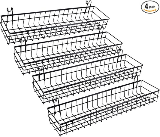 Yaegoo 4 Pcs Metal Grid Wall Baskets with Hooks, Metal Wire Hanging Basket for Home Kitchen, L 15.75 x W 3.94 x H 1.97 Inch, Black