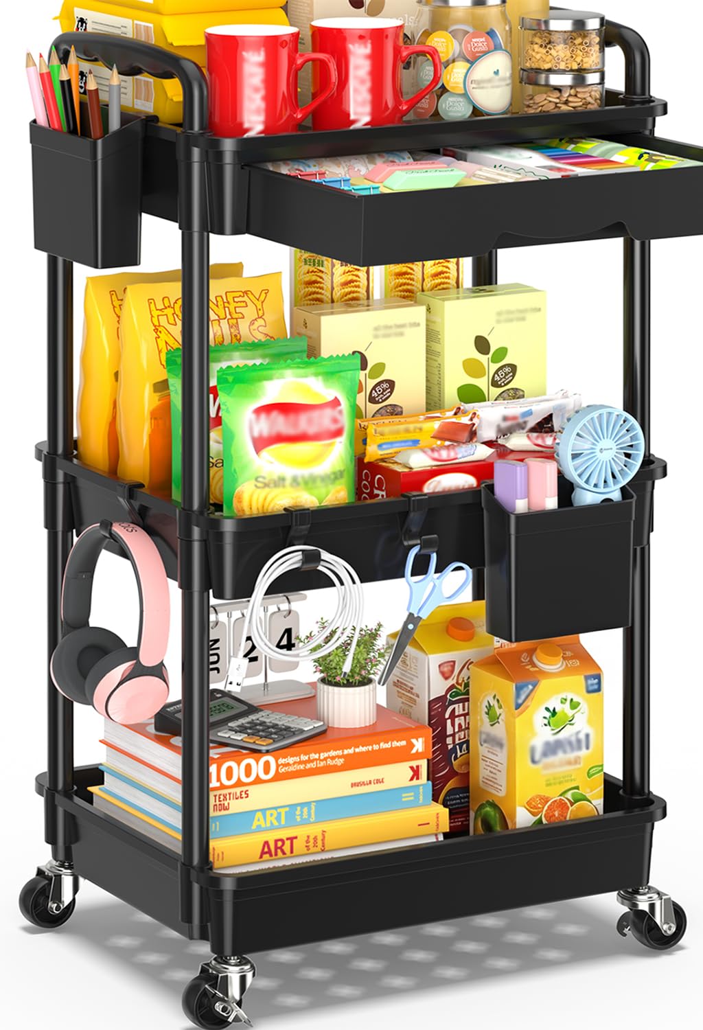 SUNALLY 3 Tier Rolling Cart with Drawer, Craft Storage Cart - Image 1