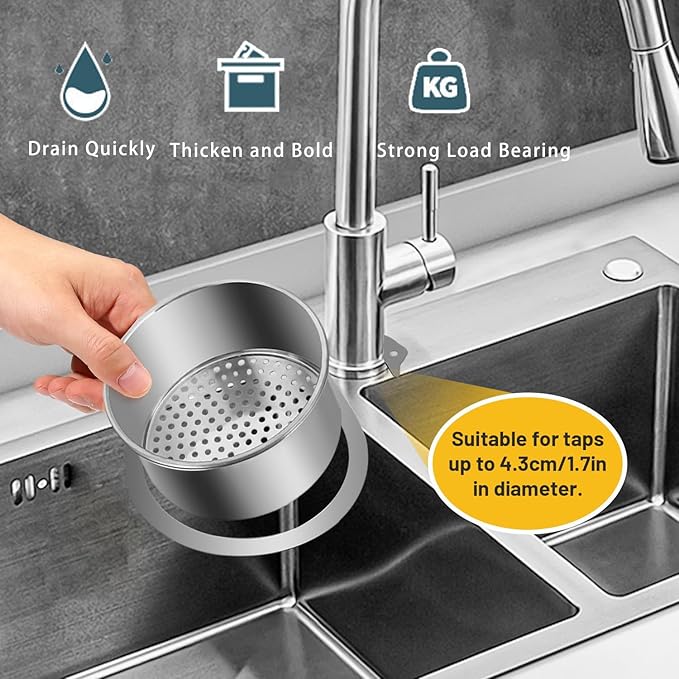 Swan Stainless Steel Sink Strainer Basket with Fast-Draining Side Drain, Includes 2 Double-Sided Scrubbing Sponges for Kitchen, Fruit, Vegetable & Food Waste Disposal (2 Pcs)