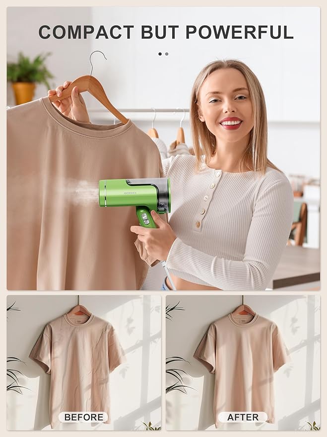 Reemix Portable Garment Steamer, Powerful Foldable Handhled Steamer 1300W, Travel Size Steamer For Clothes 20S Fast Heat-up, Fabric Steamer for Home & Travel, 120V Only (Green)
