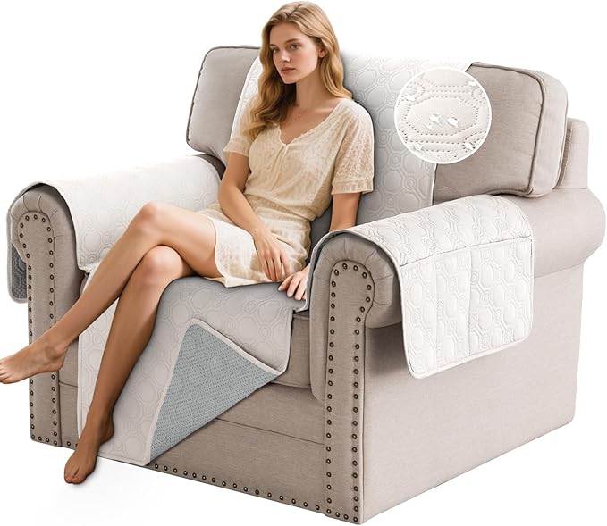 PrinceDeco Chair Sofa Slipcover Waterproof Armchair Sofa Cover Anti Slip Couch Cover Furniture Protector Cover with Elastic Straps for Pets Kids Children Dog Cat Scratch Proof (Chair, Beige)