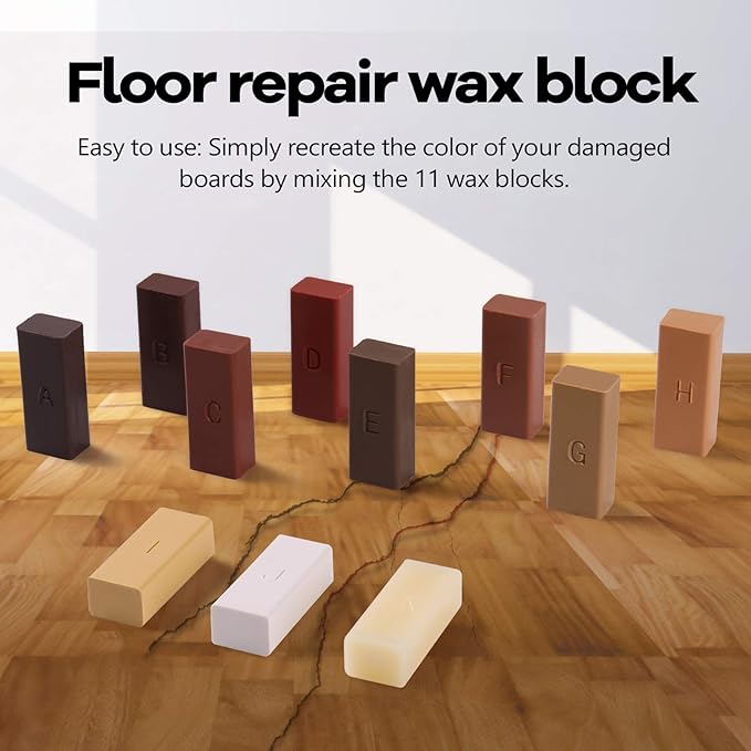 Floor Repair Kit, 11 Colors Wax Sticks and Heat Pen Floor Worktop Floor Furniture Repair Kit for Wooden Door, Floor, Table (Only Consumable)