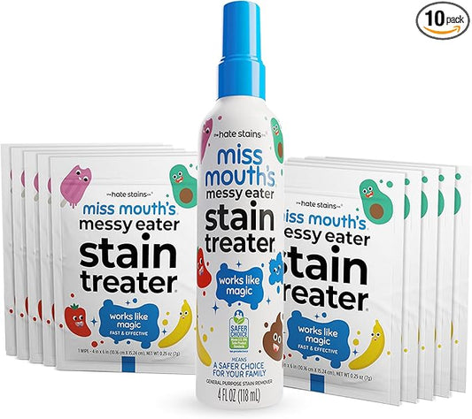 Miss Mouth's Messy Eater Stain Treater Spray - 4oz & 10 Wipes Stain Remover - Newborn & Baby Essentials - No Dry Cleaning Food, Grease, Coffee Off Laundry, Underwear, Fabric