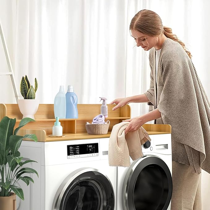 Wooden Laundry Countertop with 2 Tier Shelf, 54" x 27.5" Washer and Dryer Countertop with Topper Organization Waterproof Surface, Universal Fit (Burlywood, 54X27.5IN)