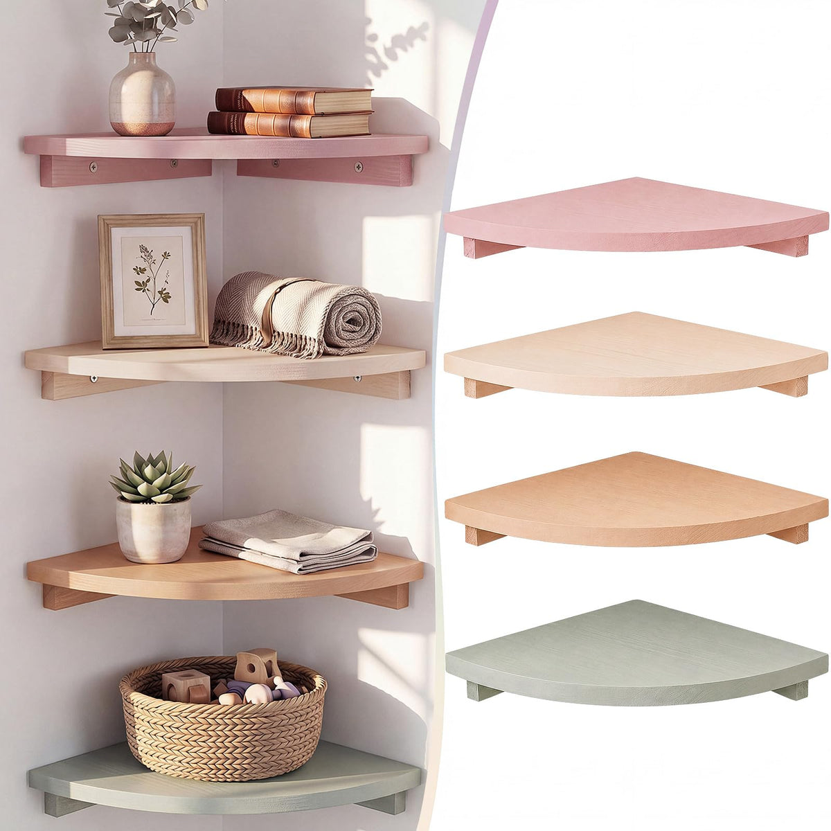 RattanView Floating Corner Shelves Set of 4 Morandi Rounded - Image 1