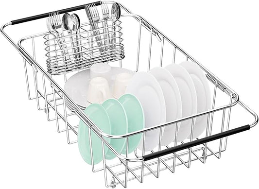Small Dish Drainer Rack in Sink Adjustable, Expandable Stainless Steel Metal Dish Drying Rack Organizer with Stainless Steel Utensil Holder Over Inside Sink Counter, Rustproof(for 1-2 People)