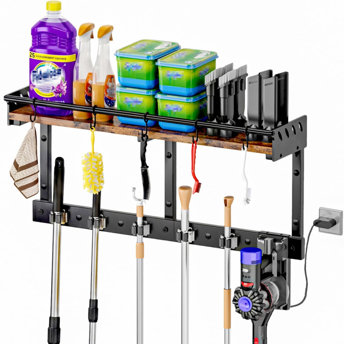 Broom Holder Wall Mount with Shelf, Black, L - Image 1