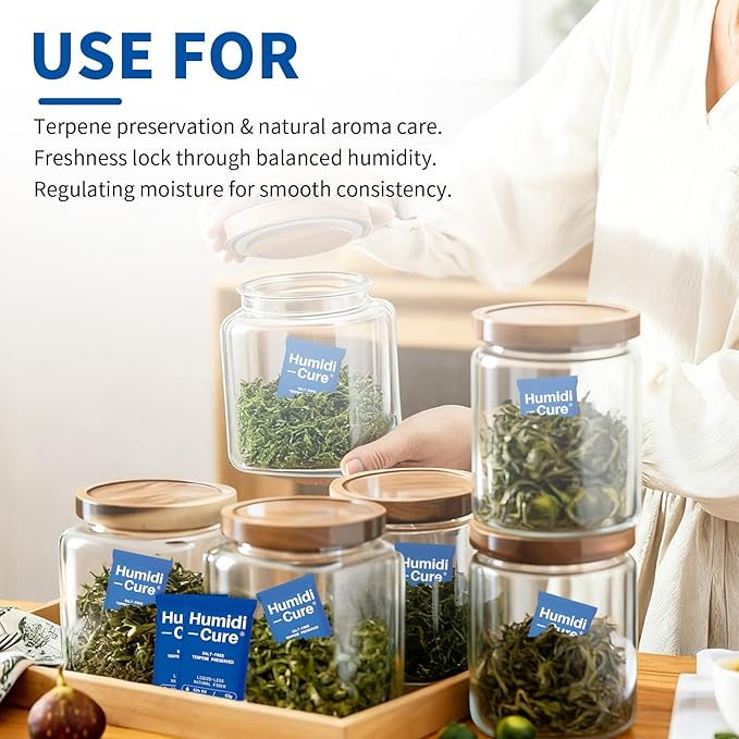 Humidi-Cure 62% RH 2-Way Humidity Packs, Size 8g, 20 Packs, Moisture Absorbers for Storing 1 oz Herbs, Humidity Control Packs Preserving Aroma and Flavor with Liquidless Plant-Fiber, Salt-Free