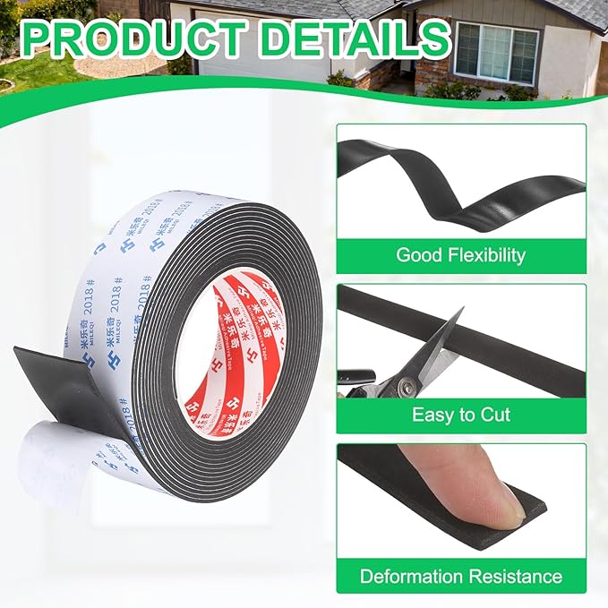 PATIKIL Sponge Rubber Foam Tape, 1 9/16" W x 1/32" t x 16.4ft l Self-Adhesive Foam Insulation Tape Weather Stripping for Window Door Soundproofing Weatherstrip AC Seal Strip, Black