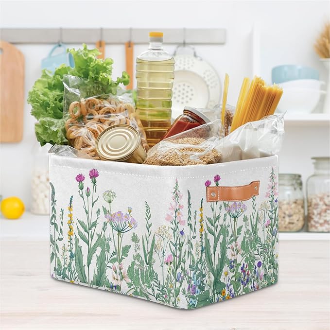 Pardick 2Pack Herbs and Wild Flowers Large Collapsible Storage Bins,Colorful Floral Decorative Canvas Fabric Storage Boxes Organizer,Rectangular Shelves Baskets Box for Home Office Nursery Closet