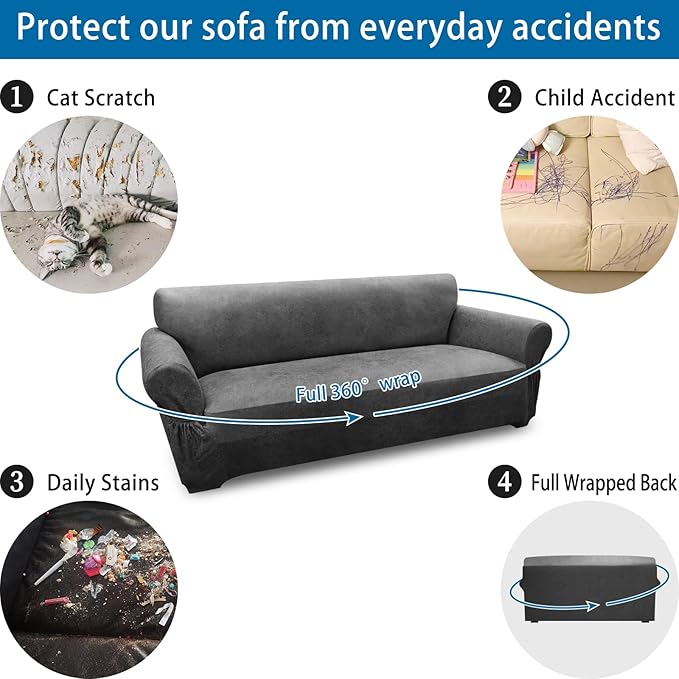 Couch Cover Leather Look 3 Seater Couch Sofa Cover 1-Piece Sofa Slipcover Stretch Furniture Protector with Elastic Bottom & Pockets(Sofa, Grey)