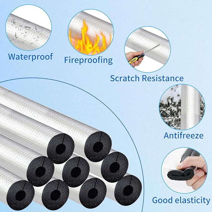 3/5 " ID Pipe Insulation Foam Tube Self Adhesive 16 " L Peel and Stick Pipe Insulation Foam Wrap Aluminum Foil Pipe Covers for Spigot, Winter Outside Pipes, Sprinkler 20 PC