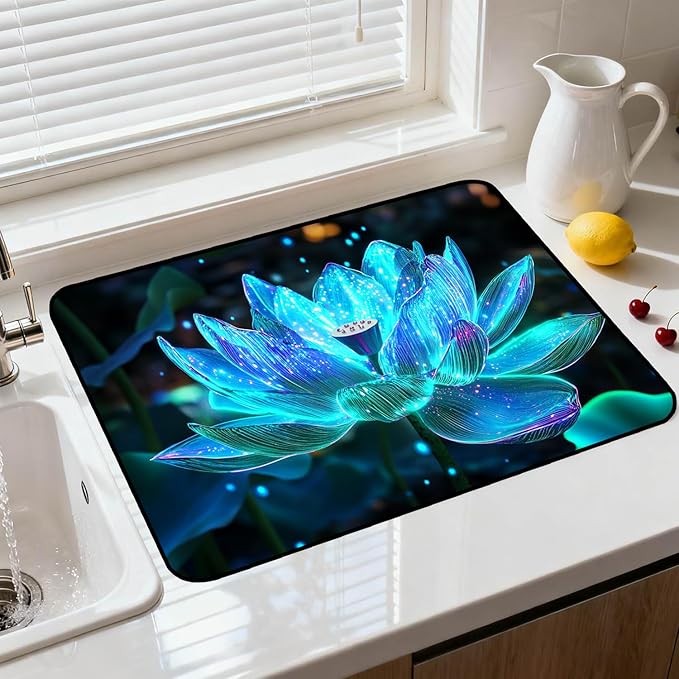 Glass Stove Top Covers for Electric Stove, Heat Resistant Counter Protector Mat, Non Slip Waterproof Surface Cover for Kitchen Counter and Cooktop (Glowing Blue Lotus, 28"L x 20"W)