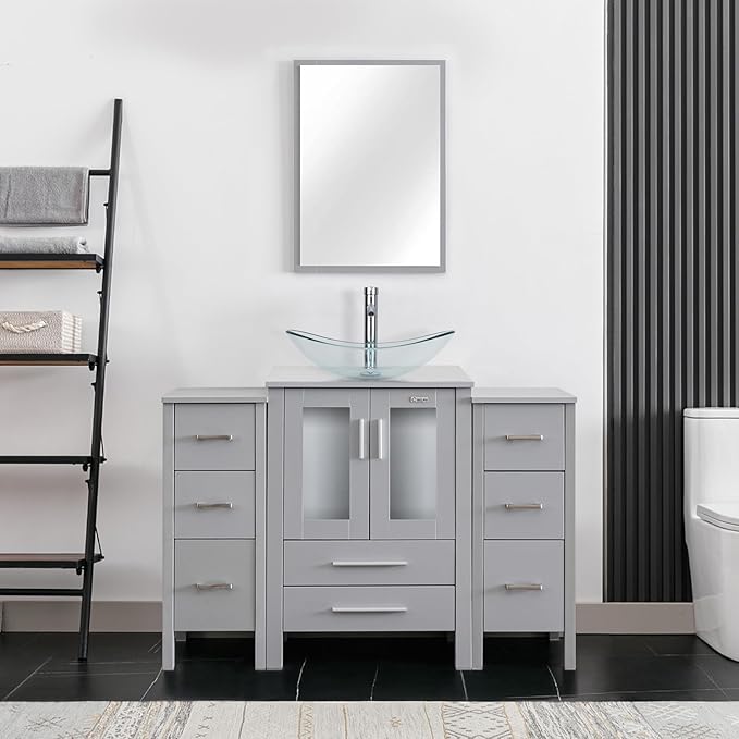 eclife 48" Modern Bathroom Vanity Sink Combo Freestanding Cabinet with Small Side Cabinet, Clear Boat Glass Vessel Sink, Water Save Faucet, Drain (Gray+A29TT)