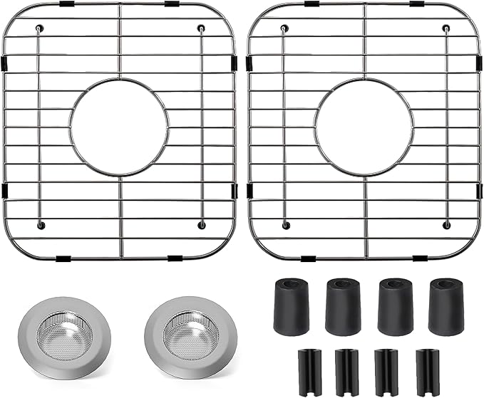 Stainless Steel Kitchen Sink Grid,13.2" x 11.6" x 1.2" Sink Protectors with Center Drain Hole,Sink Rack for Bottom of Sink, Anti-Rust Metal Sink Bottom Grid with Sink Strainers,2Pack
