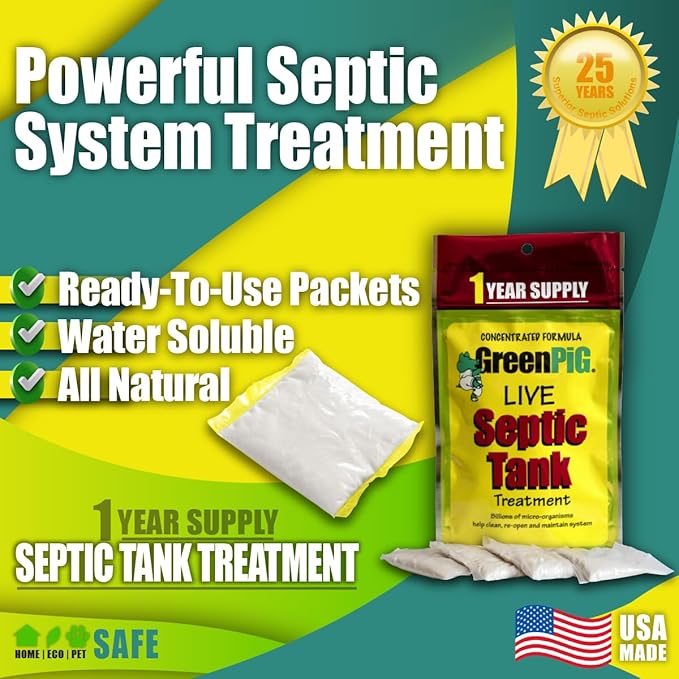 Green Pig Septic Tank Treatment Packets – Septic-Safe Enzyme Treatment for Preventative Maintenance, Helps Prevent Clogs & Odors, 1-Year Supply (4 Packets)