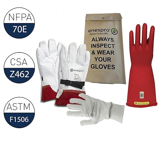 Enespro Class 2 Red Rubber Voltage Insulating Glove Premium Kit with FR Knit Glove and Leather Protectors, Max. Use Voltage 17,000V AC/ 25,500V DC, KITGC2R10AG