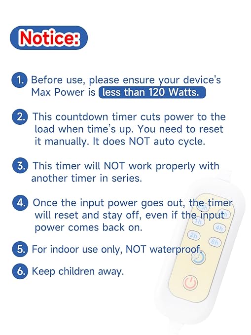Extension Cord with Timer - x1, (Only auto-Off, Not self-Startup), 6 Options Timer Outlets for Electric Wax Warmer, Christmas Lights, Floor Lamps, Reading Lamp, Phone Chargers