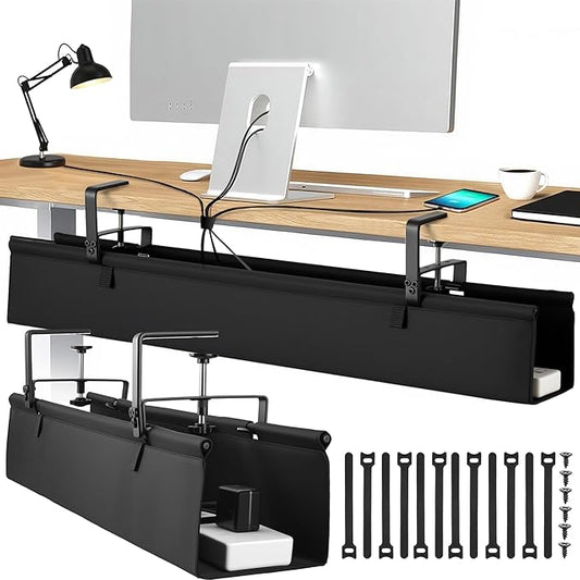 Desk Cable Management Tray, Fabric Cable Organizer, No Drill Large Clamp/Screw Mount Wire Organizer-Support Up to 30lbs, Standing Desk Cable Management for Office Home (Black,28 Inch)