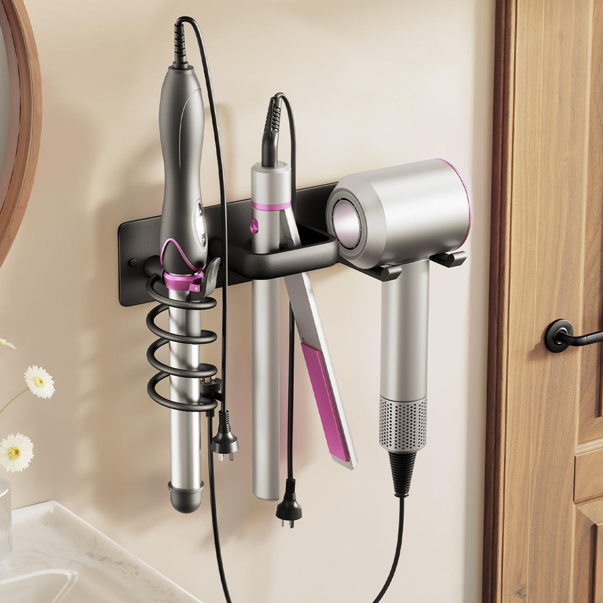 Hair Dryer Holder-3 in 1 Blow Dryer Holder-Metal Bathroom - Image 1