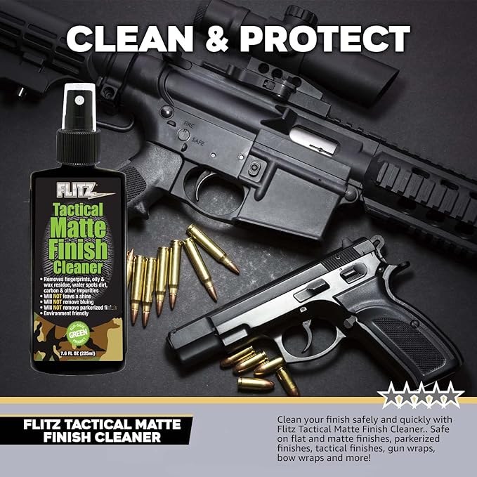 Flitz Tactical Matte Finish Cleaner - 7.6oz Bottle of USA-Made Gun Cleaner Spray to Remove Fingerprints, Oil, & Other Grime - Fast-Drying Cleaning Solution for Gun Wraps & More (1 Pack)