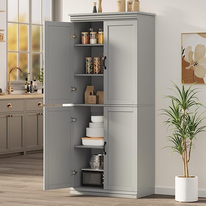 IDEALHOUSE Pantry Cabinet,70" Tall Kitchen Pantry Cabinet with Doors and Adjustable Shelves, Freestanding Cupboard, Tall Storage Cabinet for Bathroom, Dining Room, Living Room (Gray)