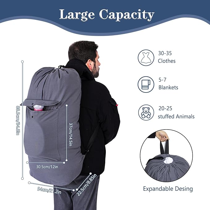 Sanlykate Canvas Backpack Laundry Bag - Extra Large Durable Dirty Clothes 2-3 Days Capacity with Adjustable Shoulder Strap & Front Pocket, for College Dorm, Apartment, Laundromats, Camping Travel