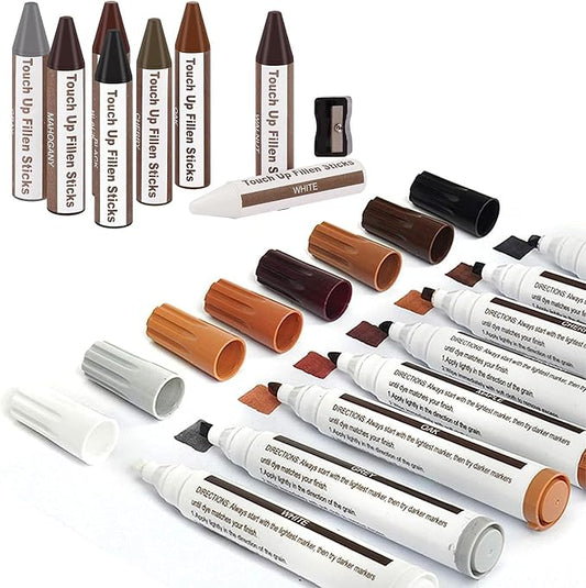 SEISSO Furniture Markers Touch Up - 17PCS Furniture Repair Kit, 8 Colors Wood Markers and Wax Sticks with Sharpener Kit Used for Stains, Scratch, Wood Floors, Stains, Tables, Desks, and Cover Ups