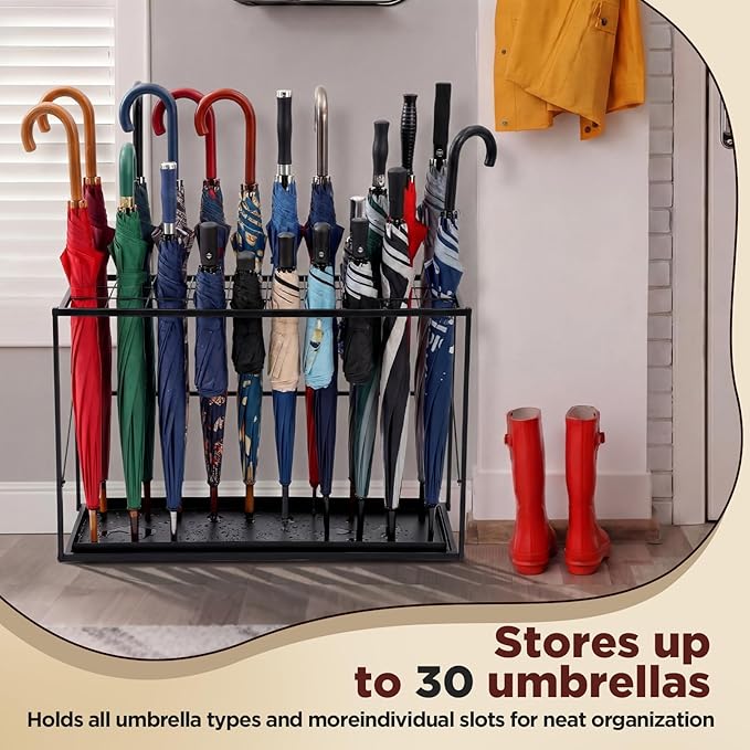 Folding Umbrella Storage Stand Rack Holder Organizer Free Standing Umbrella Rack with Removable Drip Tray for Entryway Home Office Hotel Entry Hallway (L35.51 X W11.89 X H19.69 Inch)