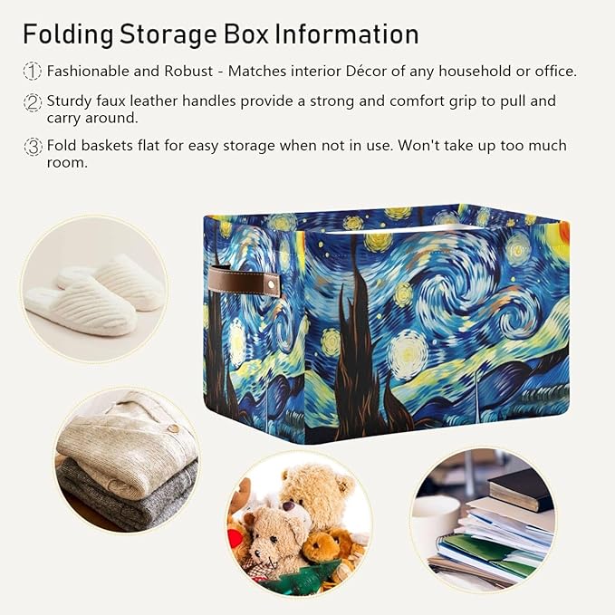 Storage Basket Starry Night Rectangular Collapsible Canvas Shelves Storage Bins with Leather Handles for Shelves Home Closet Bedroom Living Room, 2Pack