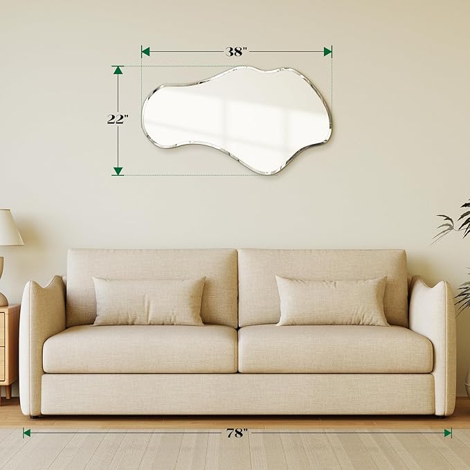 Irregular Wall Mirror, 22”x38” Frameless Asymmetrical Mirror, Beveled Frameless Funky Wavy Wall Mirrors for Entry Way Modern Bathroom Bedroom Living Room